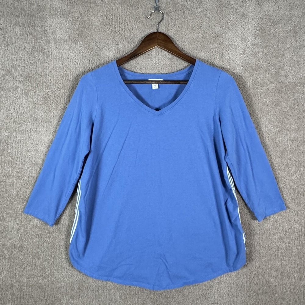 J Jill Shirt Womens Petite Small Blue V Neck 3/4 Sleeve Striped Back Button‎ Top